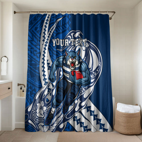 Personalized Geelong Cats Bathroom Set Polynesian Tribal Cat Mascot With Hibiscus Floral Art