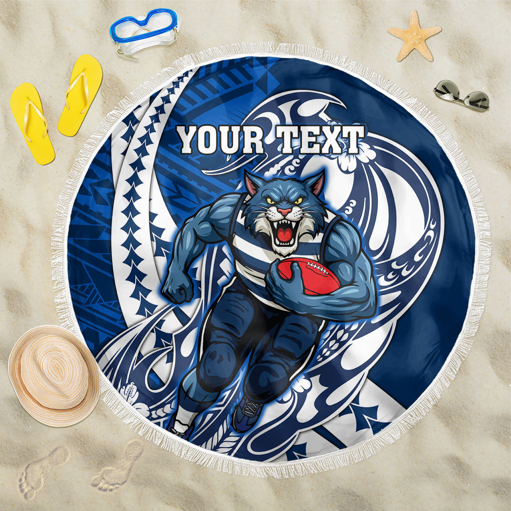 Personalized Geelong Cats Beach Blanket Polynesian Tribal Cat Mascot With Hibiscus Floral Art