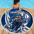 Personalized Geelong Cats Beach Blanket Polynesian Tribal Cat Mascot With Hibiscus Floral Art