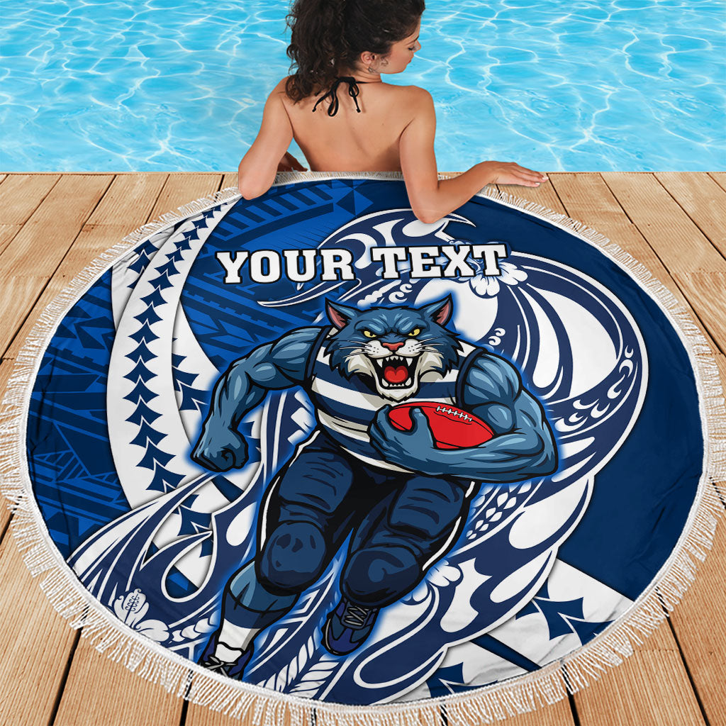 Personalized Geelong Cats Beach Blanket Polynesian Tribal Cat Mascot With Hibiscus Floral Art