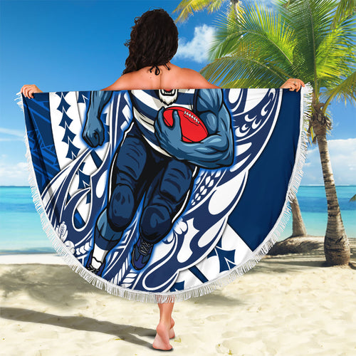 Personalized Geelong Cats Beach Blanket Polynesian Tribal Cat Mascot With Hibiscus Floral Art
