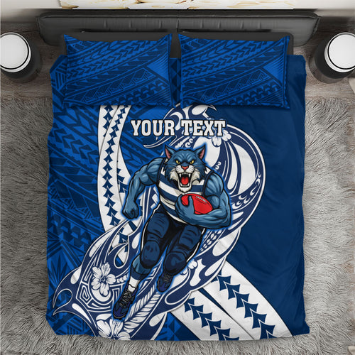 Personalized Geelong Cats Bedding Set Polynesian Tribal Cat Mascot With Hibiscus Floral Art