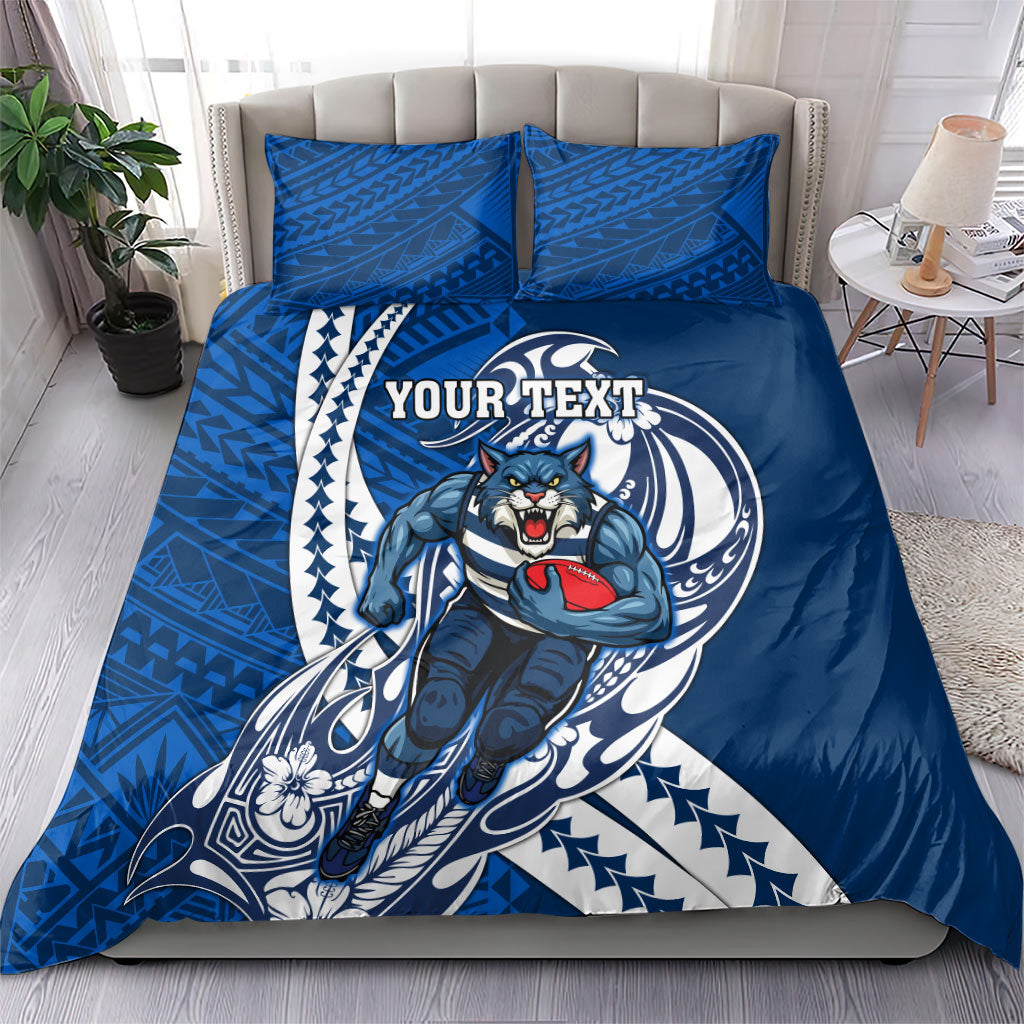 Personalized Geelong Cats Bedding Set Polynesian Tribal Cat Mascot With Hibiscus Floral Art