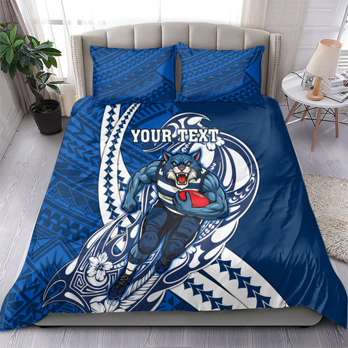 Personalized Geelong Cats Bedding Set Polynesian Tribal Cat Mascot With Hibiscus Floral Art