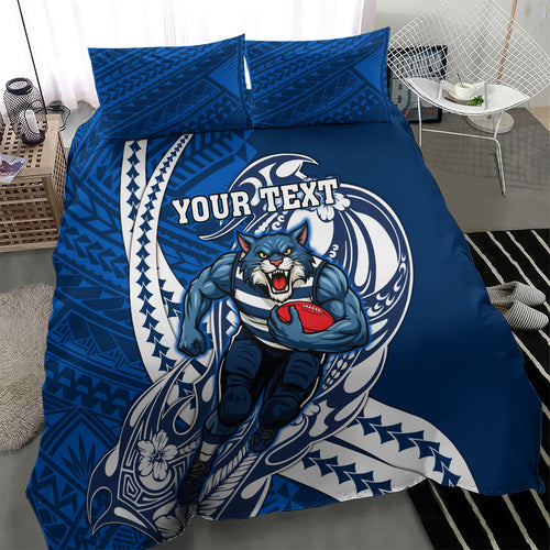 Personalized Geelong Cats Bedding Set Polynesian Tribal Cat Mascot With Hibiscus Floral Art