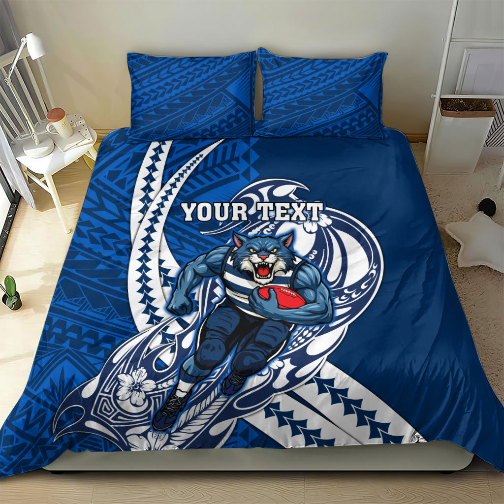Personalized Geelong Cats Bedding Set Polynesian Tribal Cat Mascot With Hibiscus Floral Art