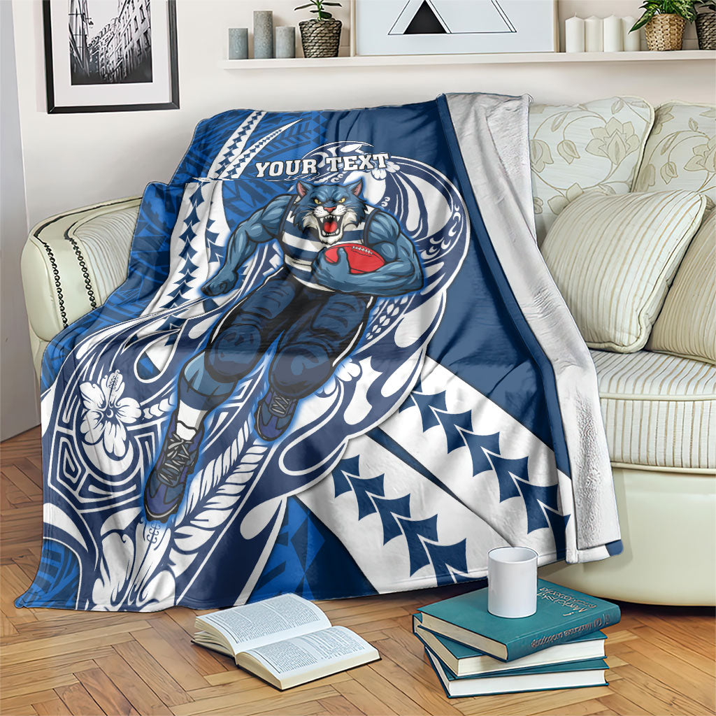 Personalized Geelong Cats Blanket Polynesian Tribal Cat Mascot With Hibiscus Floral Art