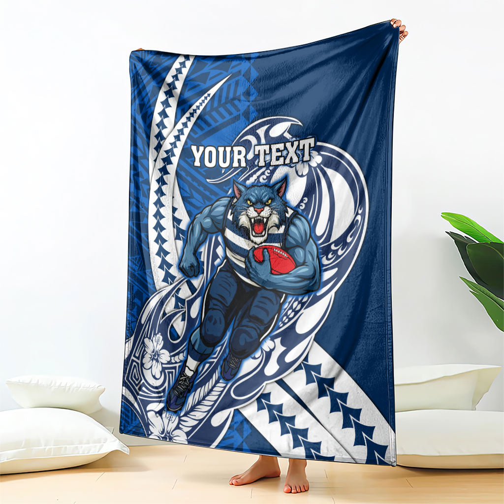 Personalized Geelong Cats Blanket Polynesian Tribal Cat Mascot With Hibiscus Floral Art