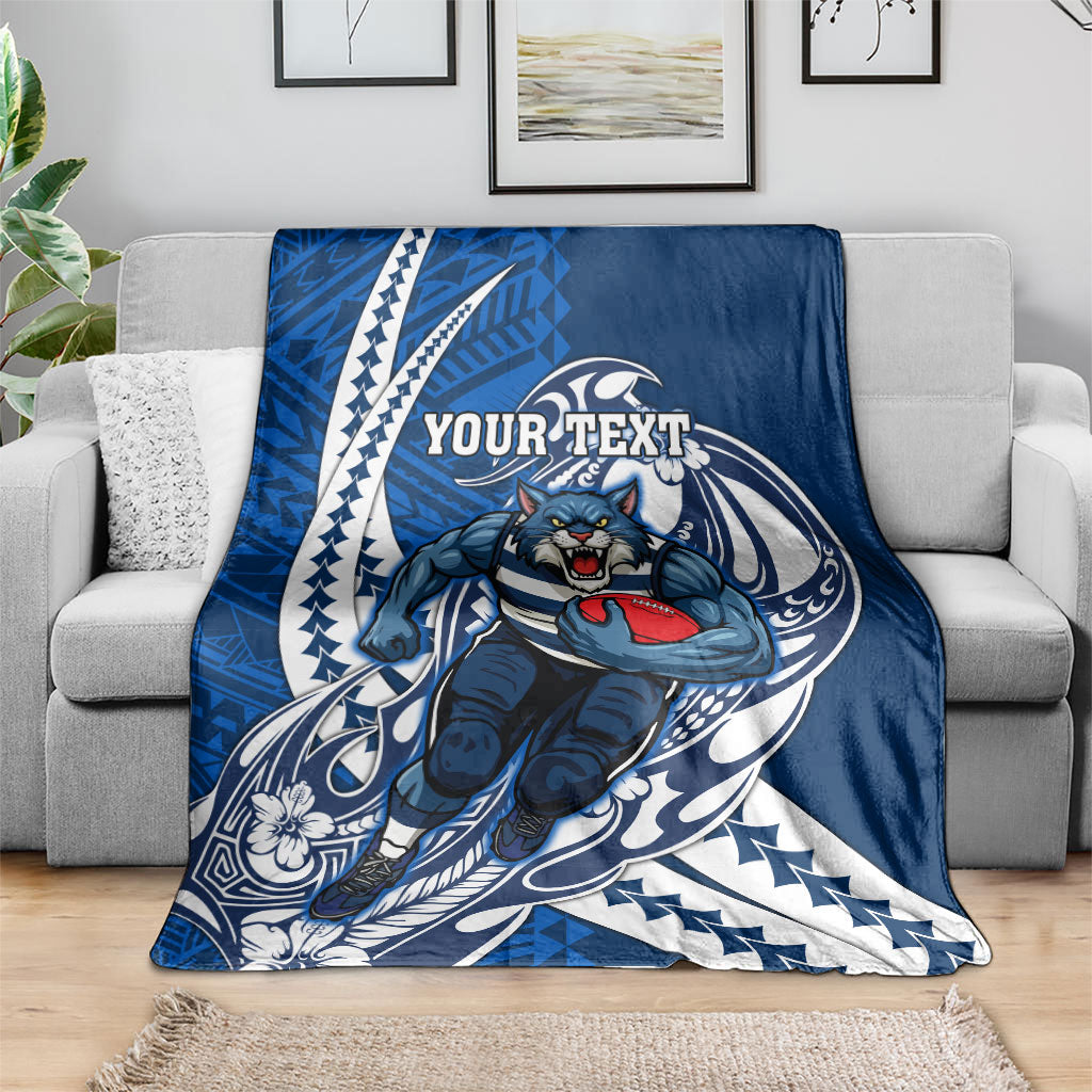 Personalized Geelong Cats Blanket Polynesian Tribal Cat Mascot With Hibiscus Floral Art