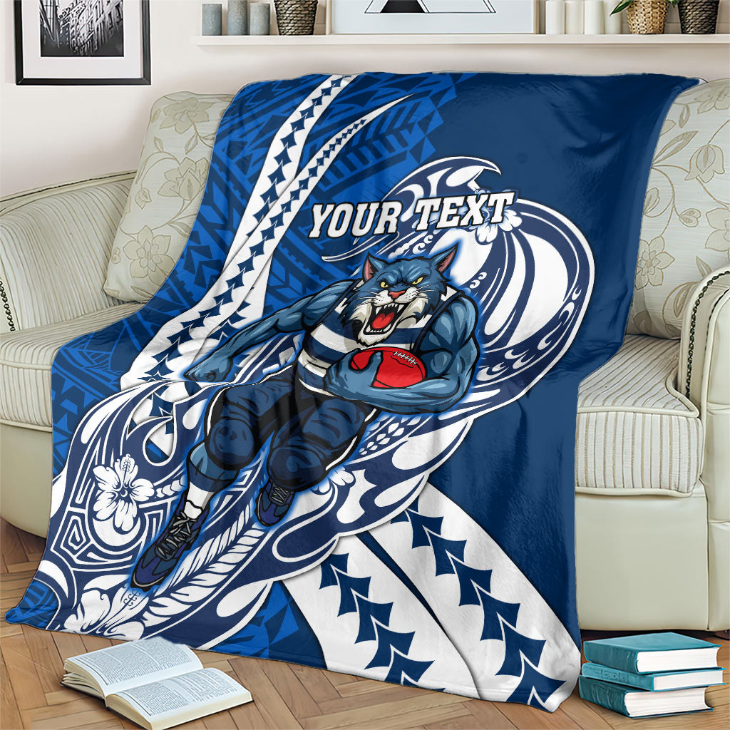 Personalized Geelong Cats Blanket Polynesian Tribal Cat Mascot With Hibiscus Floral Art