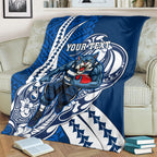 Personalized Geelong Cats Blanket Polynesian Tribal Cat Mascot With Hibiscus Floral Art