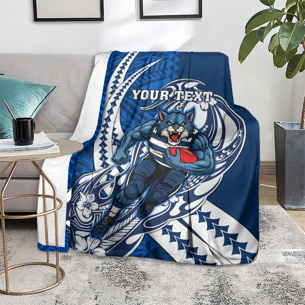 Personalized Geelong Cats Blanket Polynesian Tribal Cat Mascot With Hibiscus Floral Art