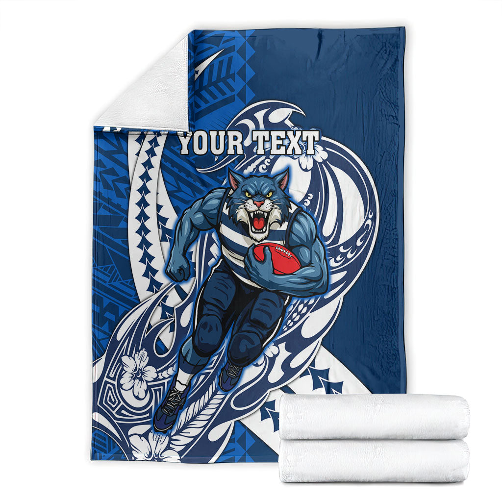 Personalized Geelong Cats Blanket Polynesian Tribal Cat Mascot With Hibiscus Floral Art