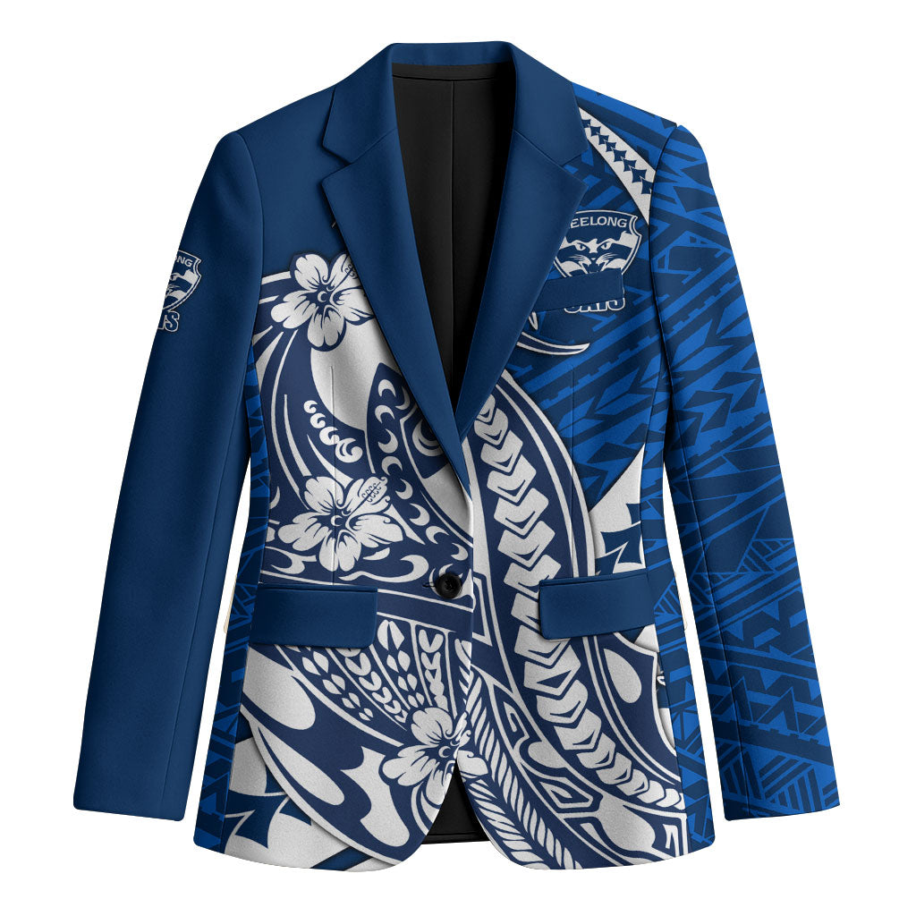 Personalized Geelong Cats Blazer Polynesian Tribal Cat Mascot With Hibiscus Floral Art