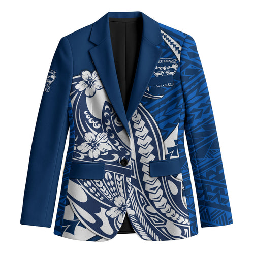 Personalized Geelong Cats Blazer Polynesian Tribal Cat Mascot With Hibiscus Floral Art