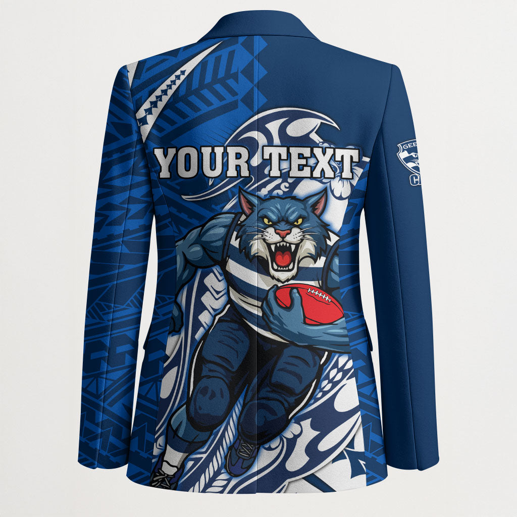 Personalized Geelong Cats Blazer Polynesian Tribal Cat Mascot With Hibiscus Floral Art