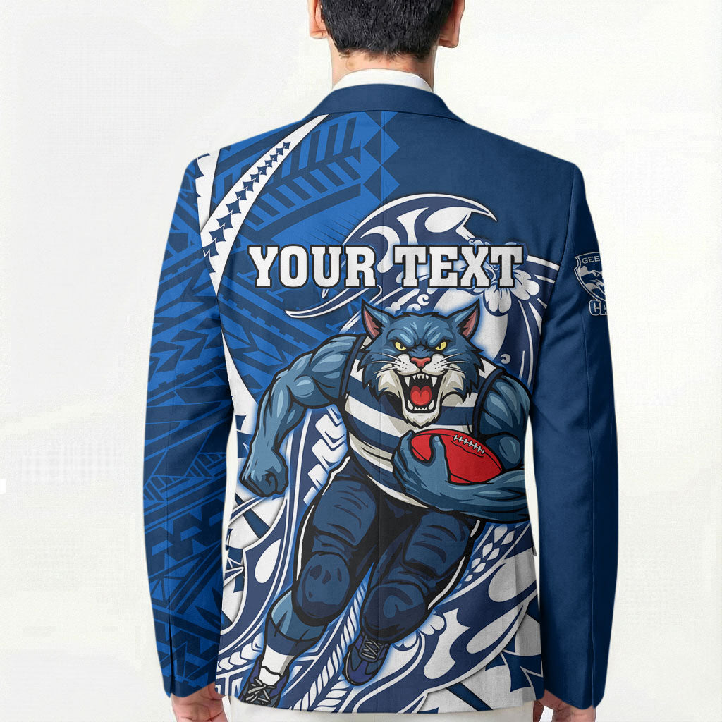 Personalized Geelong Cats Blazer Polynesian Tribal Cat Mascot With Hibiscus Floral Art