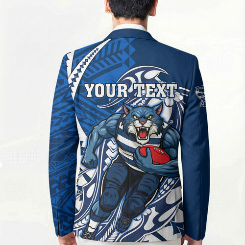 Personalized Geelong Cats Blazer Polynesian Tribal Cat Mascot With Hibiscus Floral Art