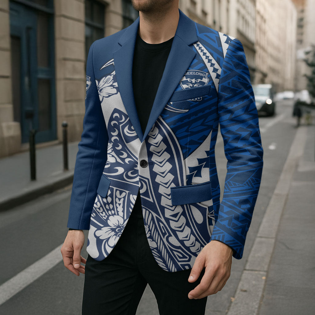 Personalized Geelong Cats Blazer Polynesian Tribal Cat Mascot With Hibiscus Floral Art