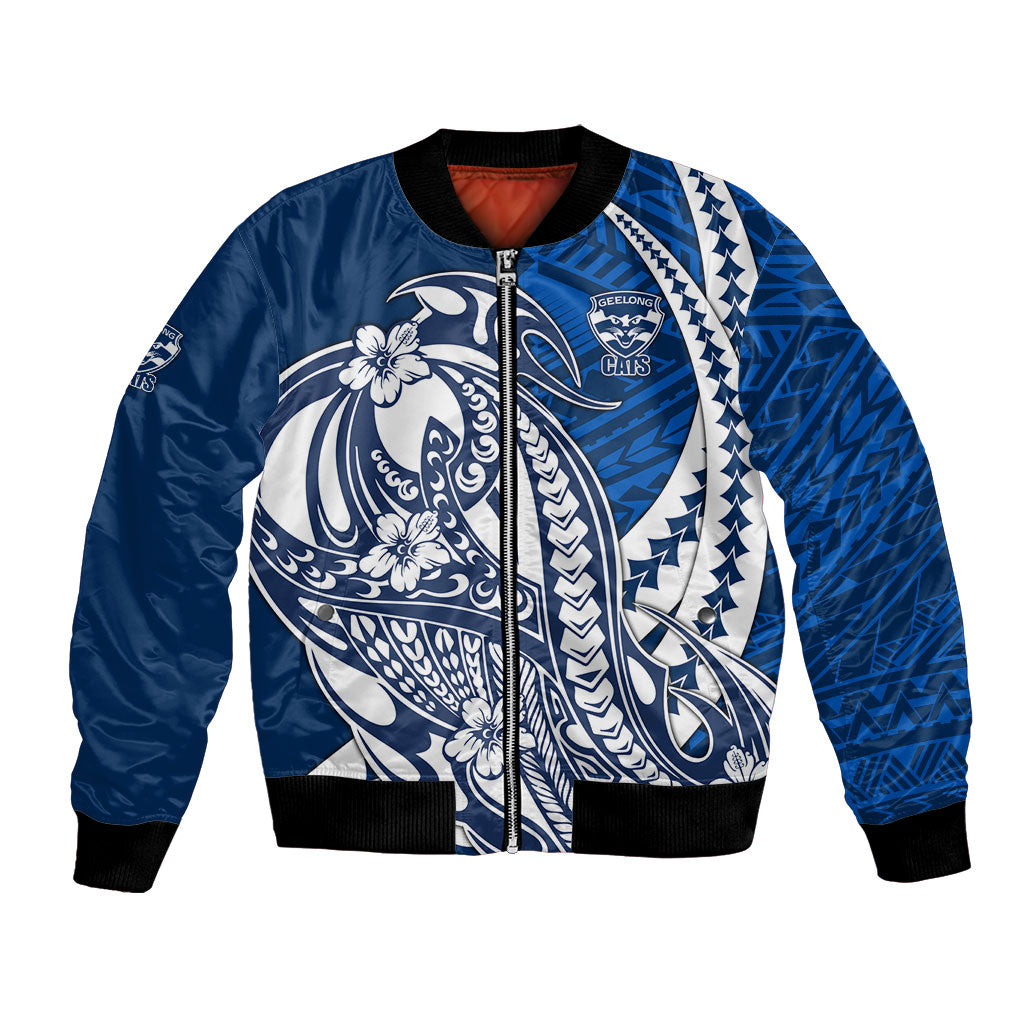 Personalized Geelong Cats Bomber Jacket Polynesian Tribal Cat Mascot With Hibiscus Floral Art