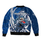 Personalized Geelong Cats Bomber Jacket Polynesian Tribal Cat Mascot With Hibiscus Floral Art