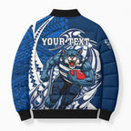 Personalized Geelong Cats Bomber Puffer Jacket Polynesian Tribal Cat Mascot With Hibiscus Floral Art