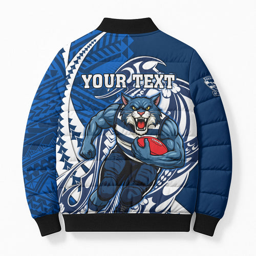 Personalized Geelong Cats Bomber Puffer Jacket Polynesian Tribal Cat Mascot With Hibiscus Floral Art