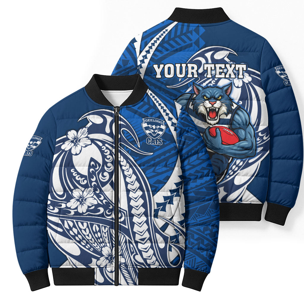 Personalized Geelong Cats Bomber Puffer Jacket Polynesian Tribal Cat Mascot With Hibiscus Floral Art