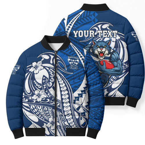 Personalized Geelong Cats Bomber Puffer Jacket Polynesian Tribal Cat Mascot With Hibiscus Floral Art
