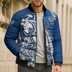 Personalized Geelong Cats Bomber Puffer Jacket Polynesian Tribal Cat Mascot With Hibiscus Floral Art