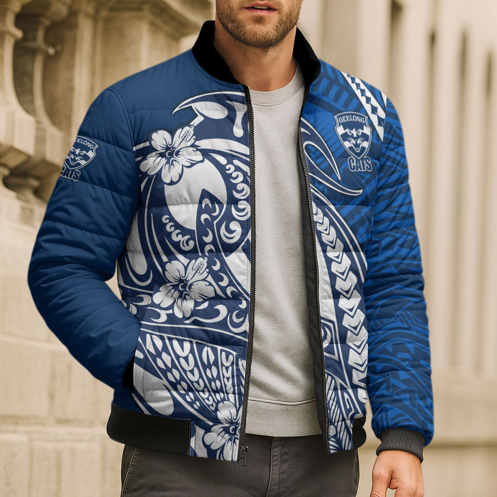 Personalized Geelong Cats Bomber Puffer Jacket Polynesian Tribal Cat Mascot With Hibiscus Floral Art