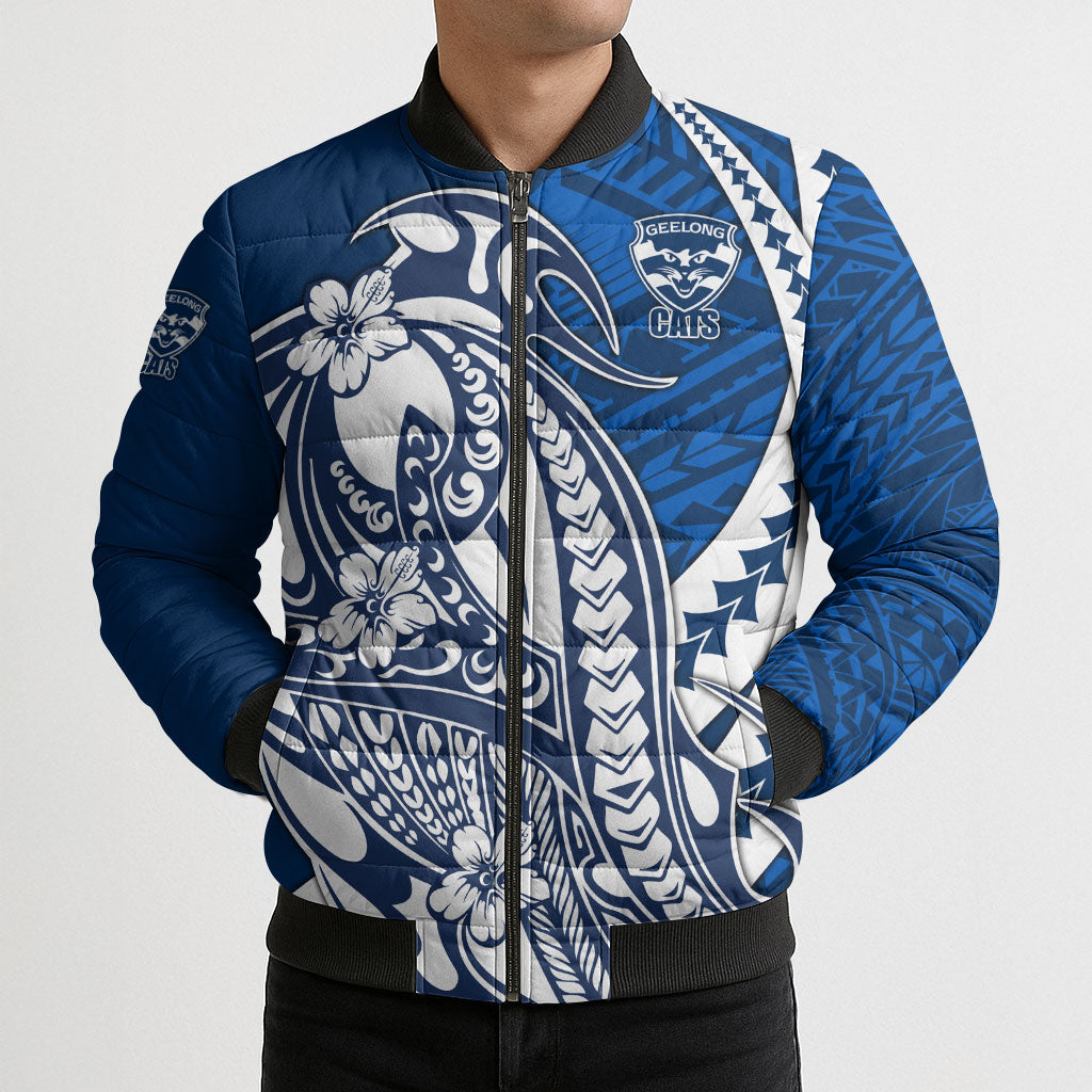 Personalized Geelong Cats Bomber Puffer Jacket Polynesian Tribal Cat Mascot With Hibiscus Floral Art