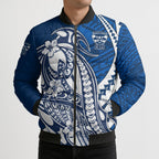 Personalized Geelong Cats Bomber Puffer Jacket Polynesian Tribal Cat Mascot With Hibiscus Floral Art