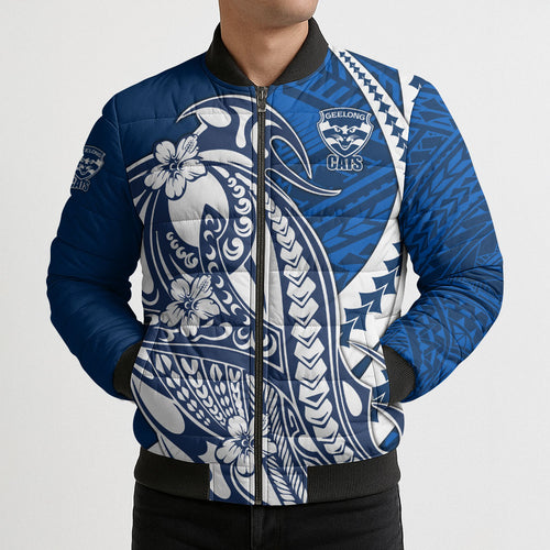 Personalized Geelong Cats Bomber Puffer Jacket Polynesian Tribal Cat Mascot With Hibiscus Floral Art