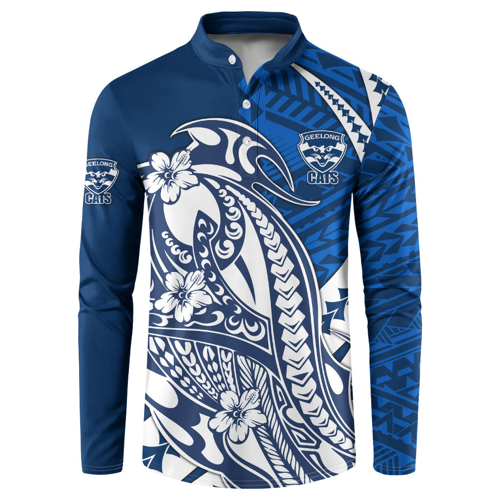Personalized Geelong Cats Button Sweatshirt Polynesian Tribal Cat Mascot With Hibiscus Floral Art