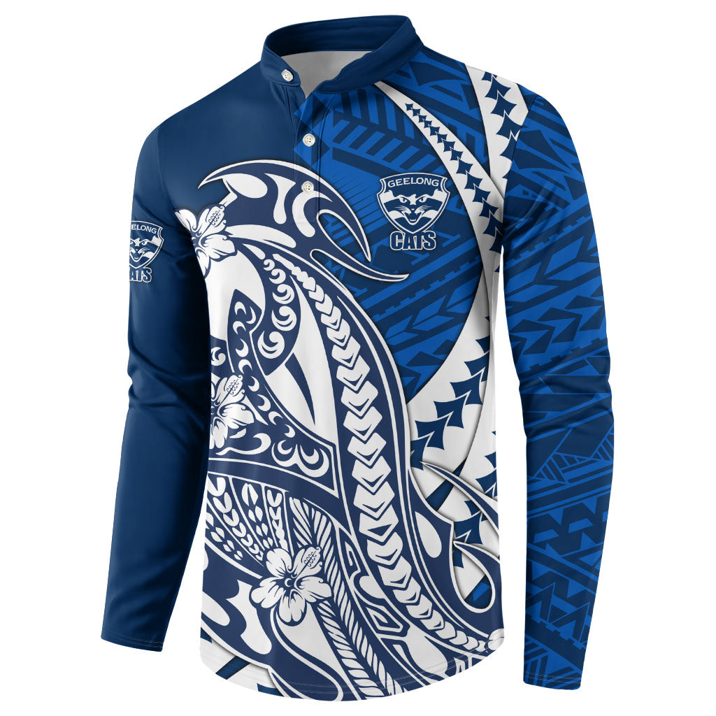 Personalized Geelong Cats Button Sweatshirt Polynesian Tribal Cat Mascot With Hibiscus Floral Art