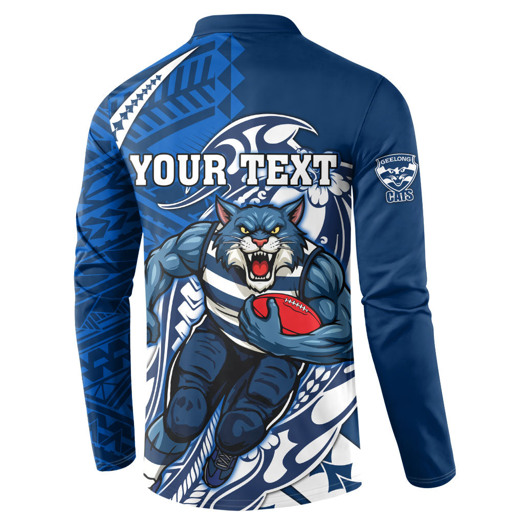 Personalized Geelong Cats Button Sweatshirt Polynesian Tribal Cat Mascot With Hibiscus Floral Art
