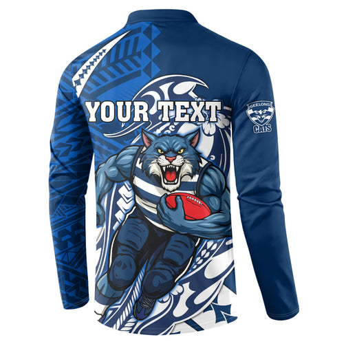 Personalized Geelong Cats Button Sweatshirt Polynesian Tribal Cat Mascot With Hibiscus Floral Art