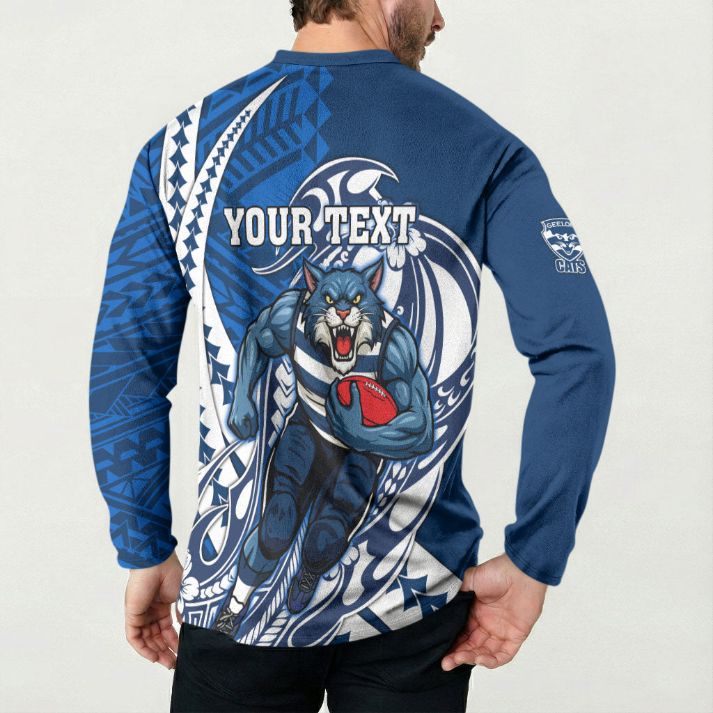 Personalized Geelong Cats Button Sweatshirt Polynesian Tribal Cat Mascot With Hibiscus Floral Art