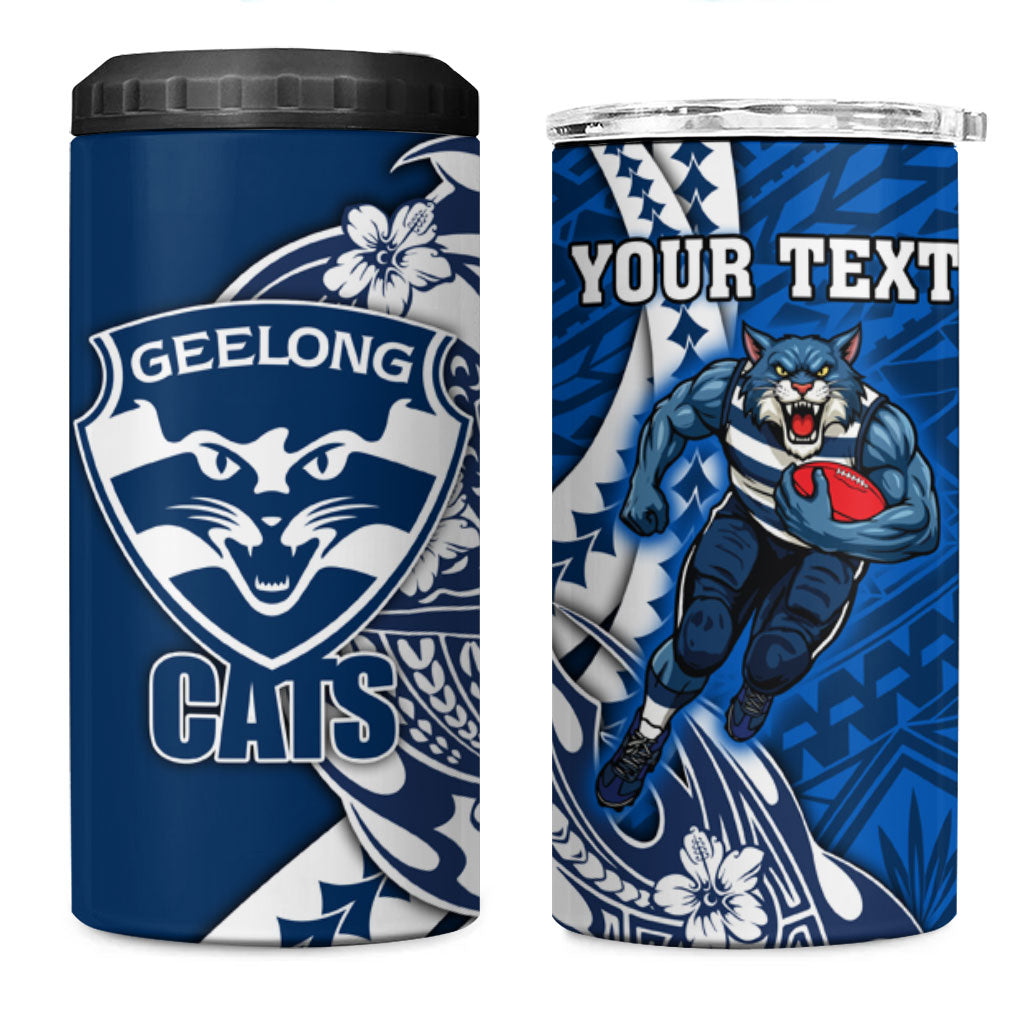 Personalized Geelong Cats 4 in 1 Can Cooler Tumbler Polynesian Tribal Cat Mascot With Hibiscus Floral Art