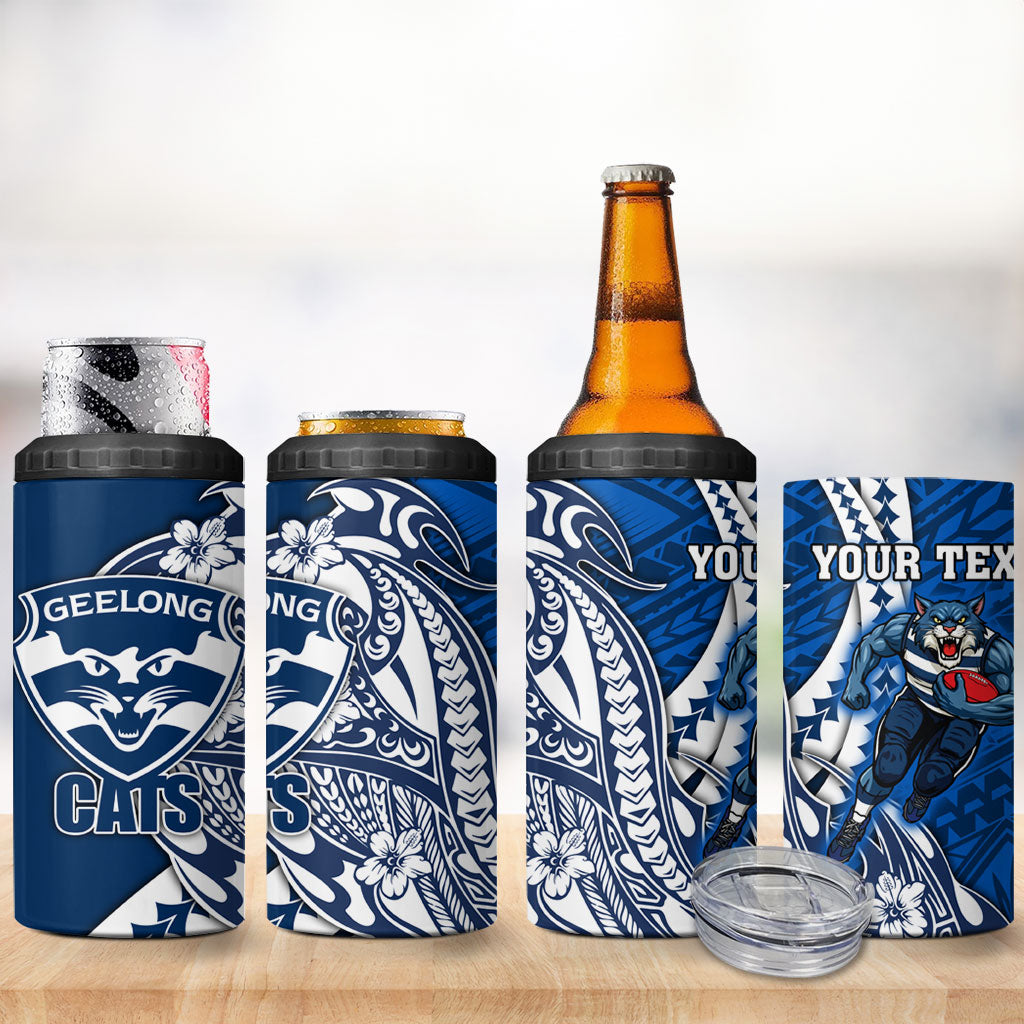 Personalized Geelong Cats 4 in 1 Can Cooler Tumbler Polynesian Tribal Cat Mascot With Hibiscus Floral Art