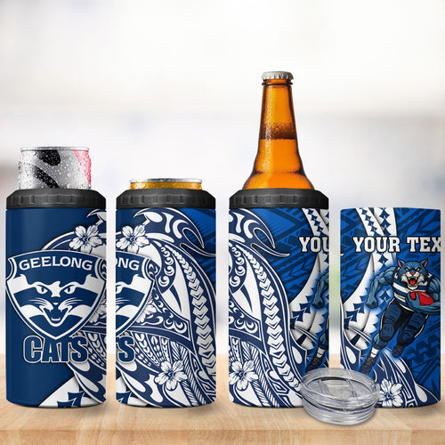 Personalized Geelong Cats 4 in 1 Can Cooler Tumbler Polynesian Tribal Cat Mascot With Hibiscus Floral Art