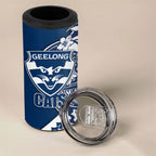 Personalized Geelong Cats 4 in 1 Can Cooler Tumbler Polynesian Tribal Cat Mascot With Hibiscus Floral Art