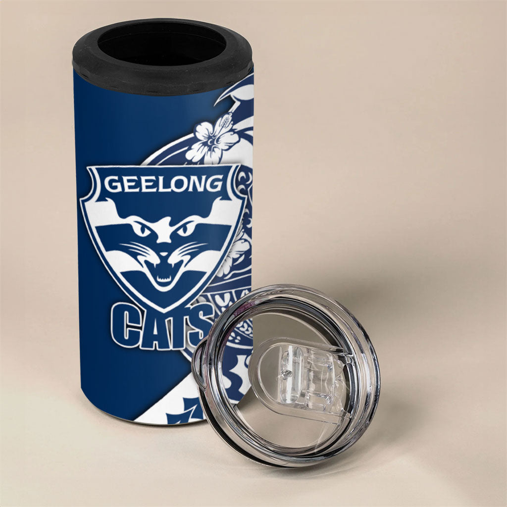 Personalized Geelong Cats 4 in 1 Can Cooler Tumbler Polynesian Tribal Cat Mascot With Hibiscus Floral Art