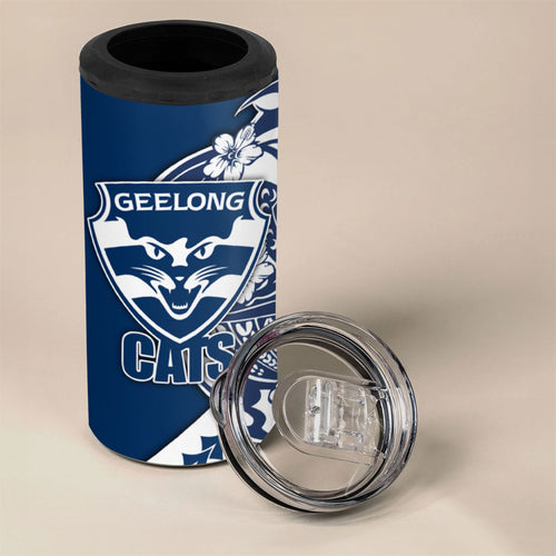 Personalized Geelong Cats 4 in 1 Can Cooler Tumbler Polynesian Tribal Cat Mascot With Hibiscus Floral Art