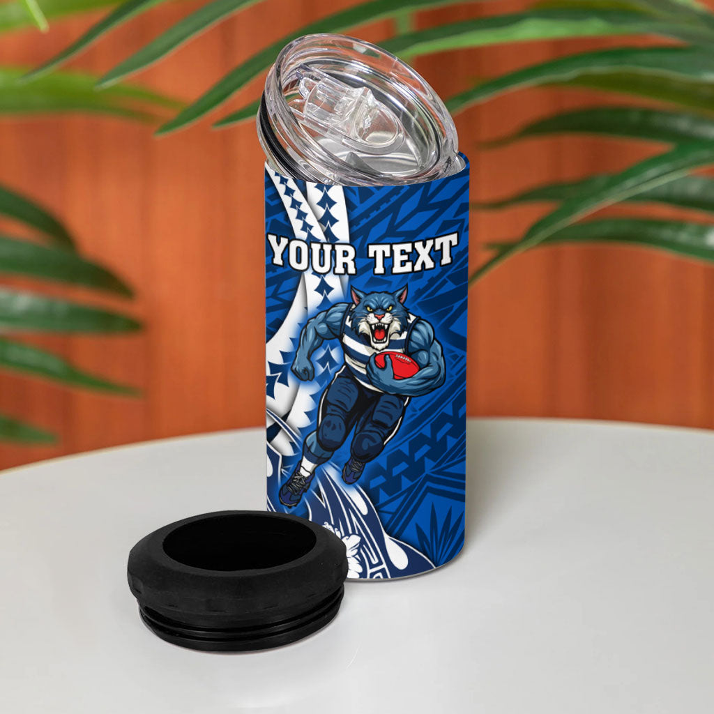 Personalized Geelong Cats 4 in 1 Can Cooler Tumbler Polynesian Tribal Cat Mascot With Hibiscus Floral Art