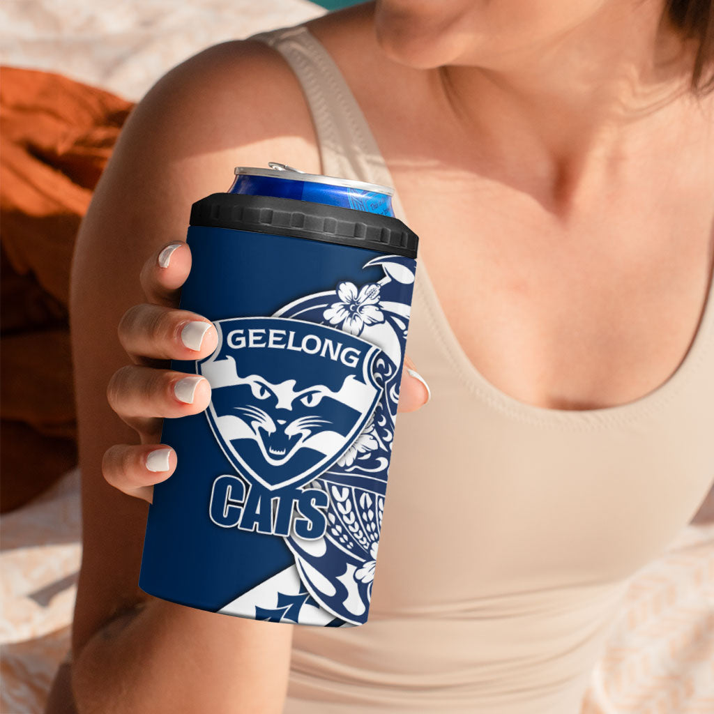Personalized Geelong Cats 4 in 1 Can Cooler Tumbler Polynesian Tribal Cat Mascot With Hibiscus Floral Art