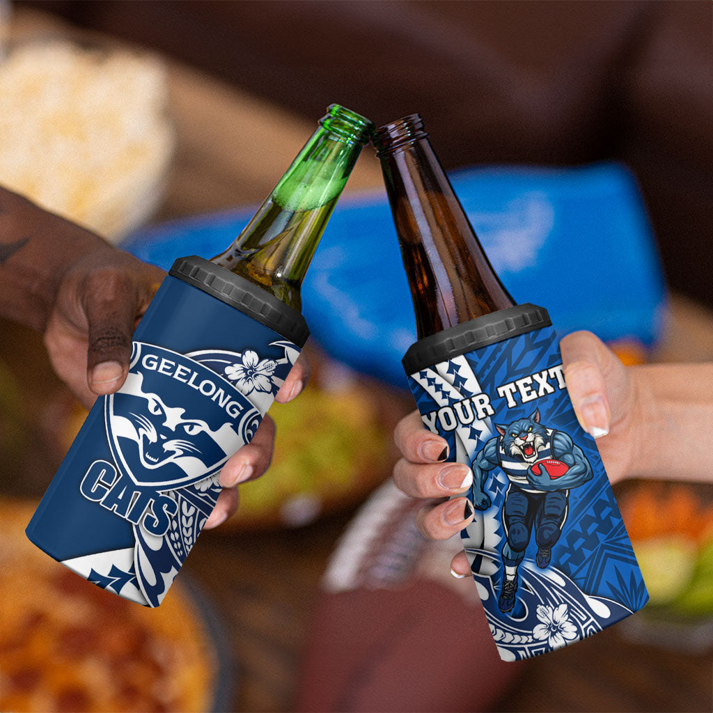 Personalized Geelong Cats 4 in 1 Can Cooler Tumbler Polynesian Tribal Cat Mascot With Hibiscus Floral Art