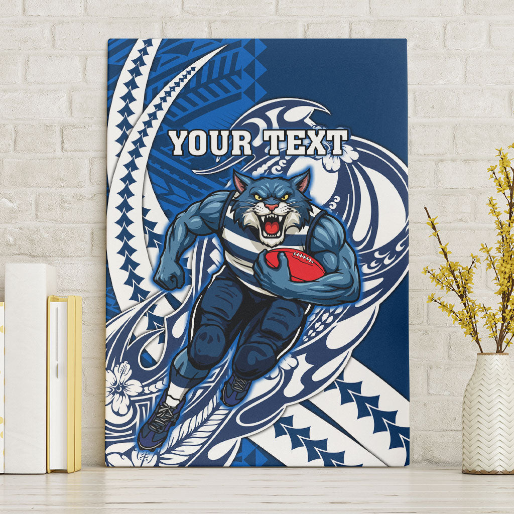 Personalized Geelong Cats Canvas Wall Art Polynesian Tribal Cat Mascot With Hibiscus Floral Art