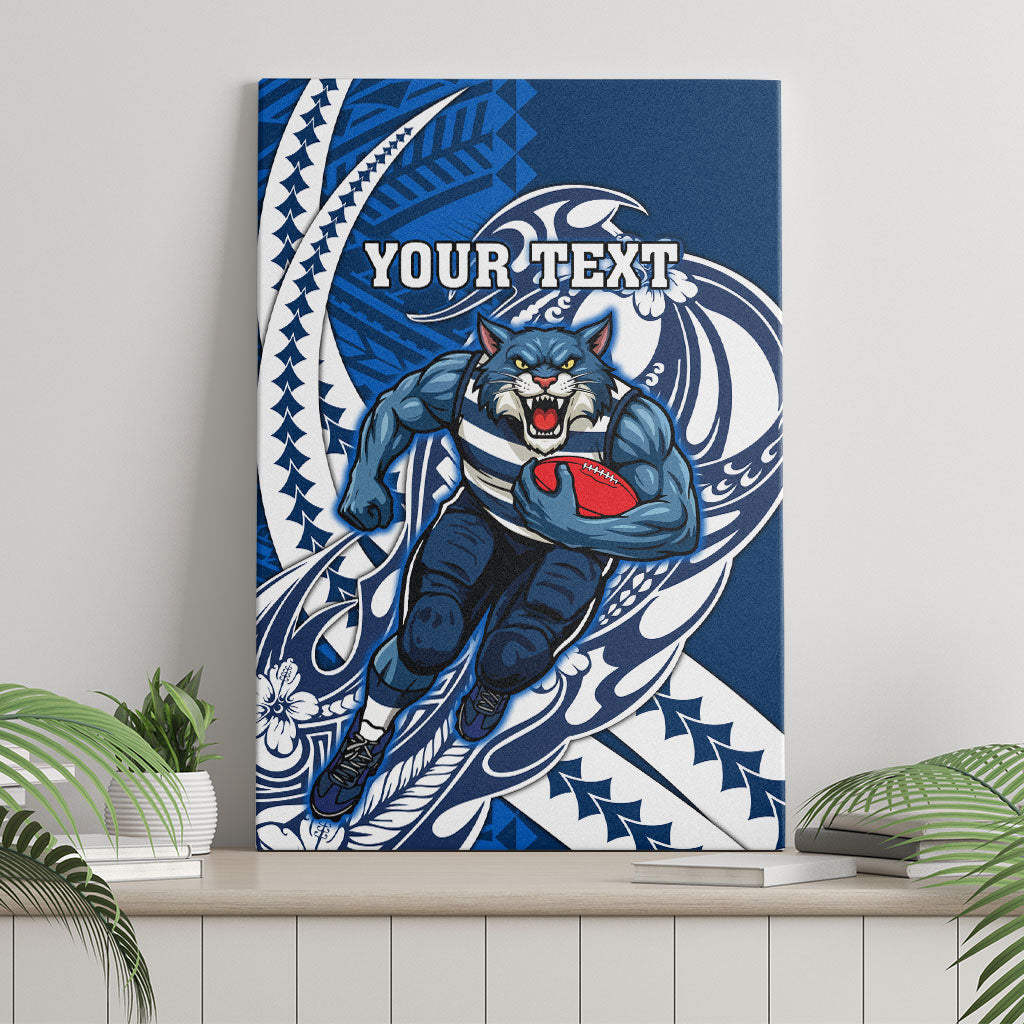 Personalized Geelong Cats Canvas Wall Art Polynesian Tribal Cat Mascot With Hibiscus Floral Art